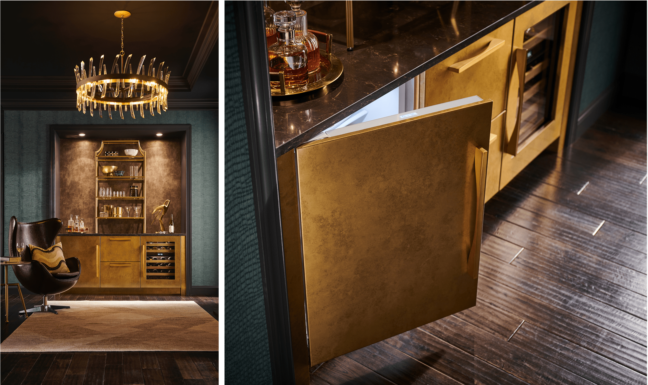 This golden space seamlessly hides Dual Sub-Zero Designer Undercounter Wine and Beverage Centers.
