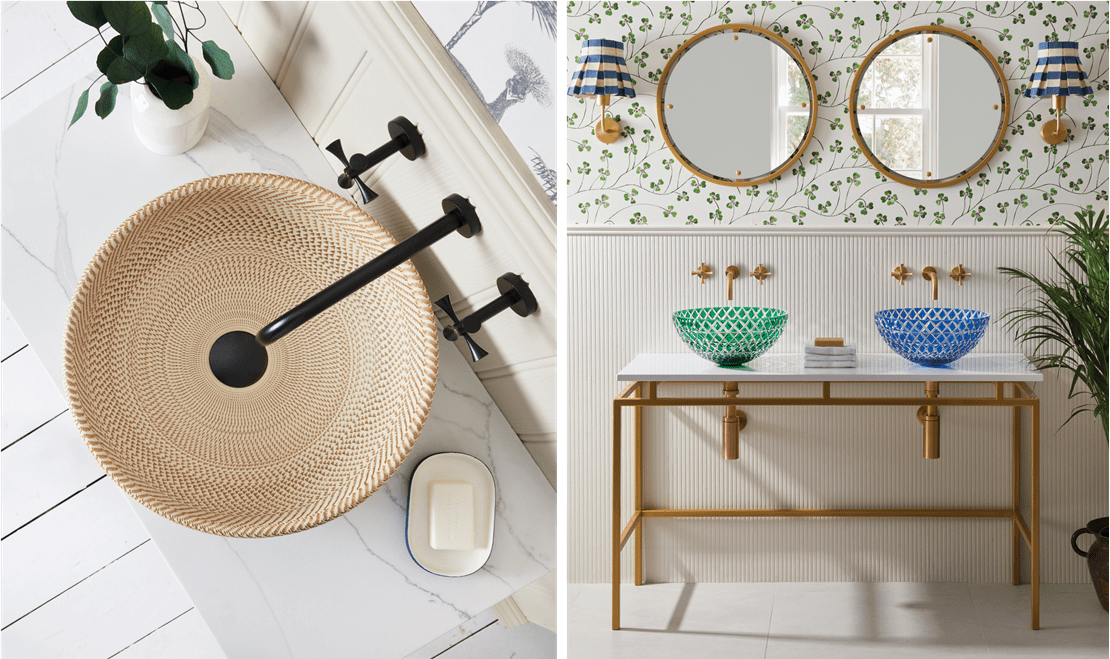 A porcelain sink created by seasoned craftsmen lives in the center of this restroom. Sadie Sink and Lucia Sink in green and blue.