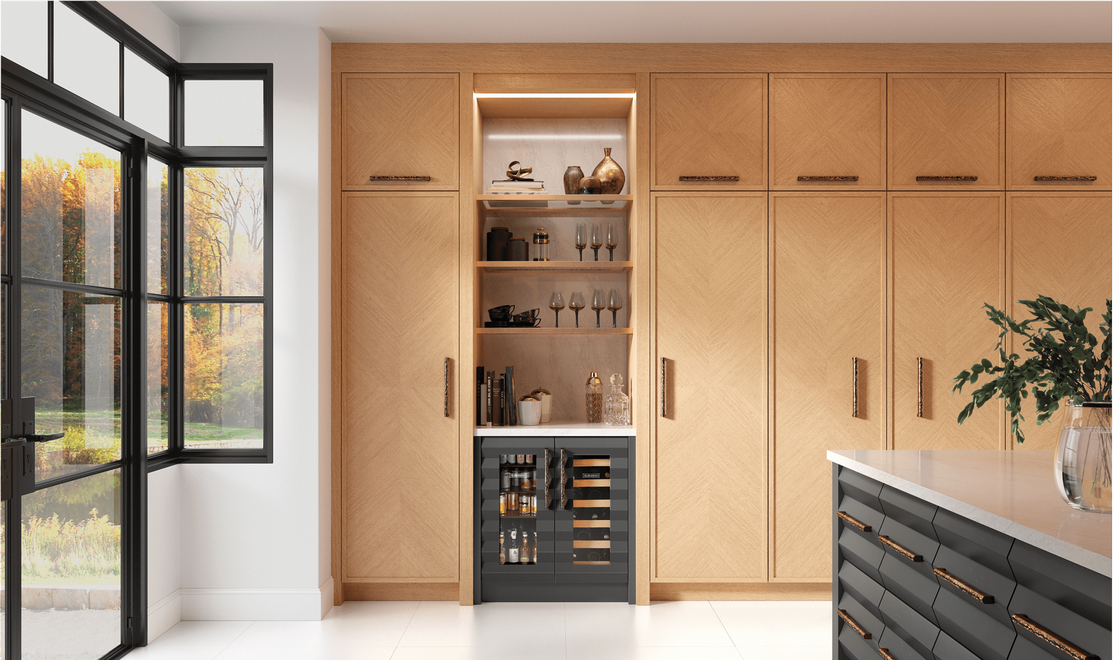 A dazzling and sleek kitchen annex holds dual Sub-Zero Undercounter Beverage Center and Wine Units in the beverage area.