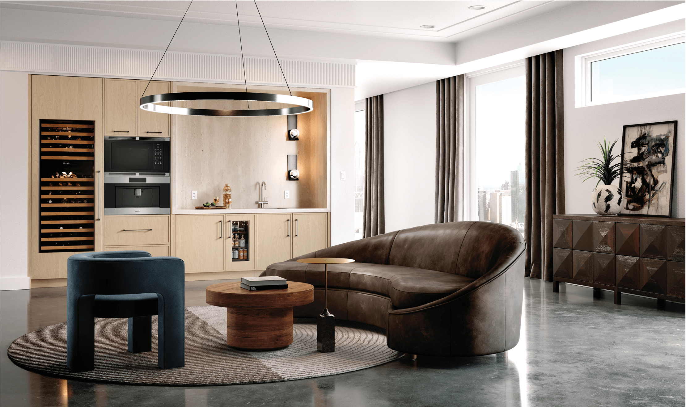 An urban living room features a Wolf Coffee System, dual Sub-Zero Undercounter Refrigerators, and a Wine Storage Unit.