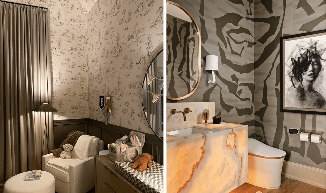 A patterned wall within a nursery that invites a nurturing and quiet environment. A patterned wall within a powder room allows for a stark contrast within the design of the space.