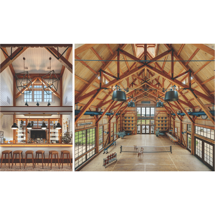 A barn on the property features a multi-use sports facility, while a bar features a creative lighting fixture.