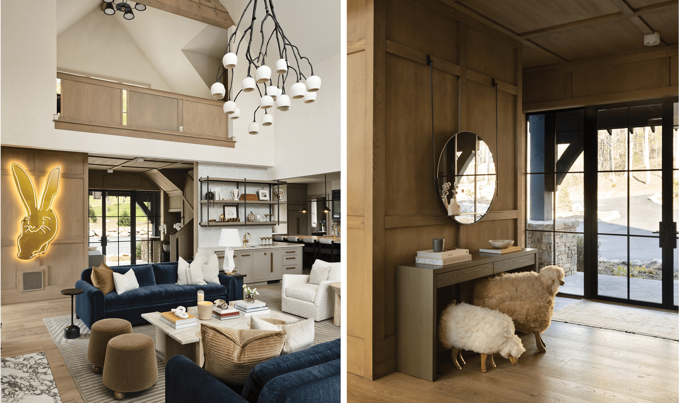 On the left, an open-space living room design. On the right, the interior front entrance of this North Carolina home.