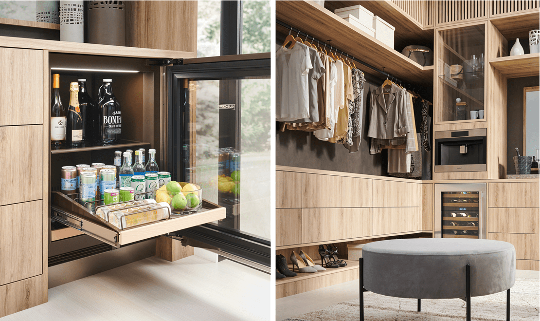 This walk-in, illuminated closet features dual Sub-Zero Beverage Centers and a Wolf Built-In Coffee System.
