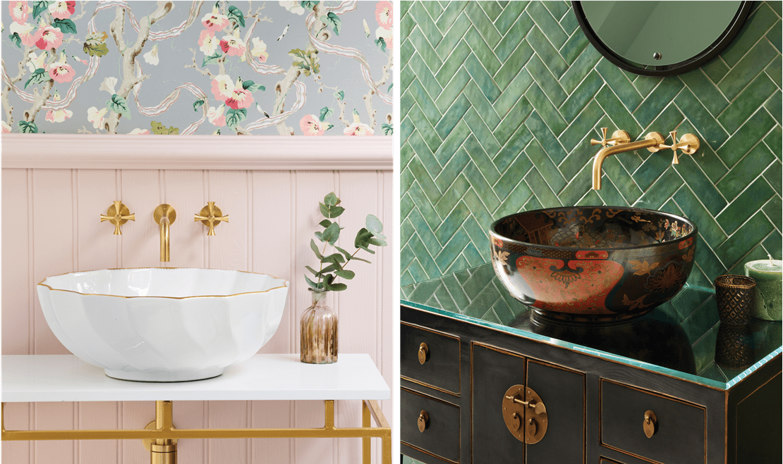 A functional, beautiful, white basin supports this charming pink space. A stylish brown and   red porcelain basin is contrasted by the green-textured wall behind it.