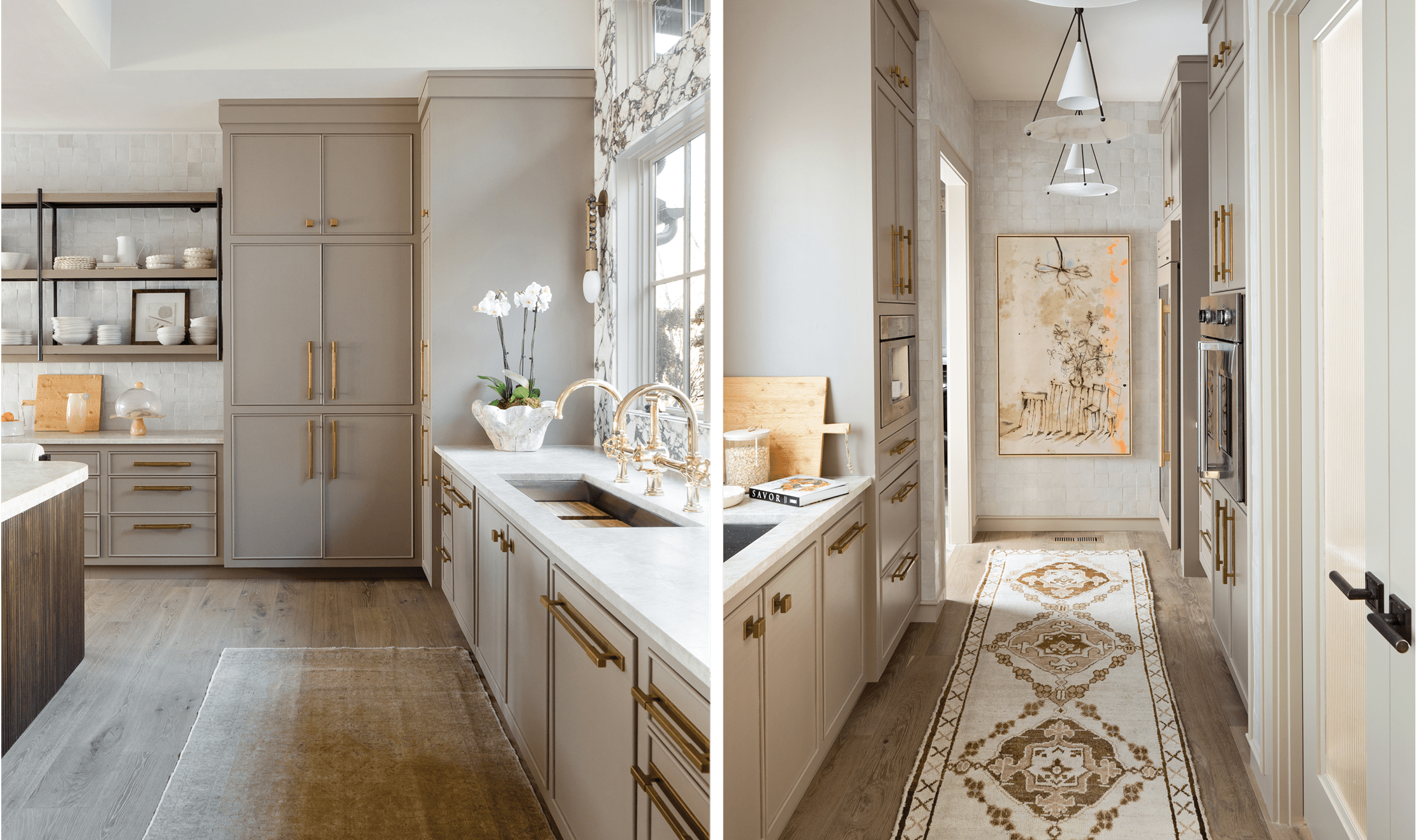 On the left, the kitchen featuring a gold sink and marble countertop. On the right, a narrow hallway with a white rug.