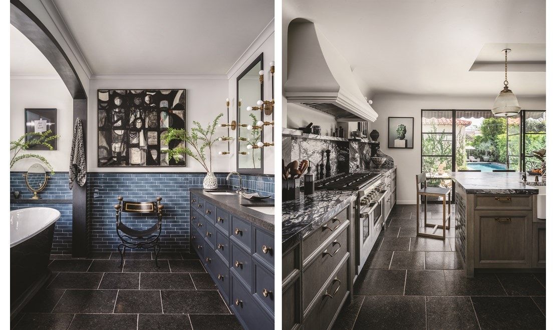 Margaux cast iron bathtub from Waterworks, Ann Sacks Elements Eclipse Gloss tile, and cabinetry from The Golden Lion.