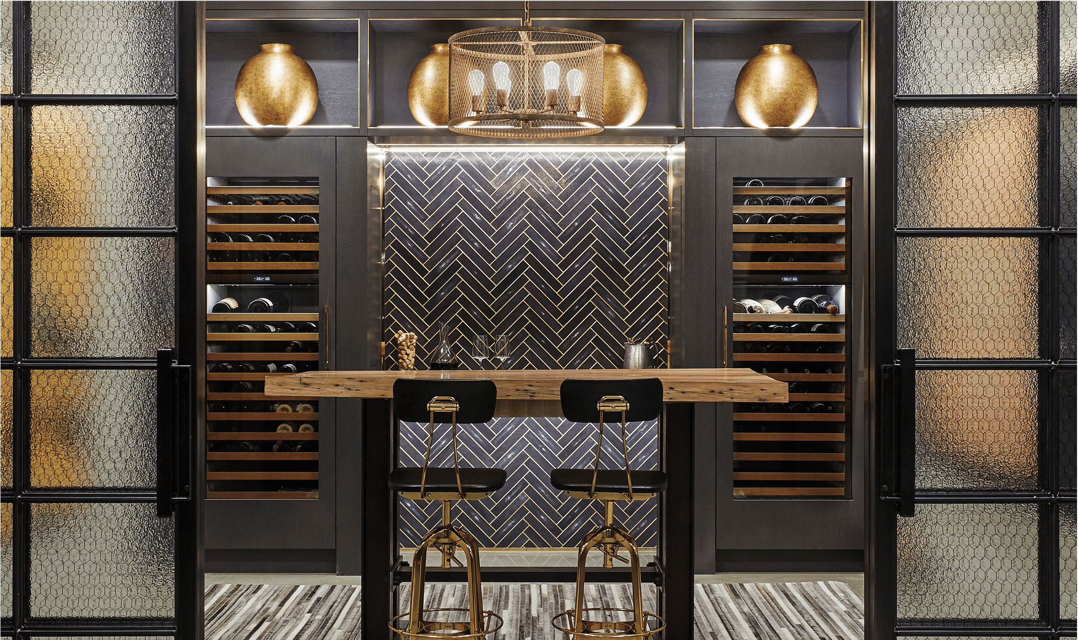 Steve Karp designed this Kitchen Design Contest award-winning wine room featuring double 30-inch Sub-Zero Wine Refrigerators.