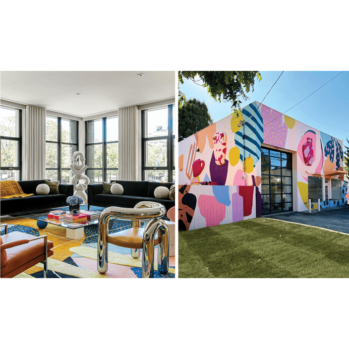 Pictured left, the interior of Studio Proba features unique furniture pieces; pictured right, the colorful exterior.