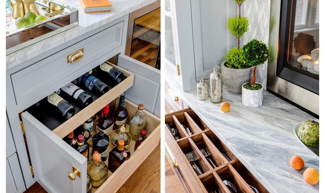Stainless steel Wolf cooking appliances shown integreated in marble countertop and tile backsplash