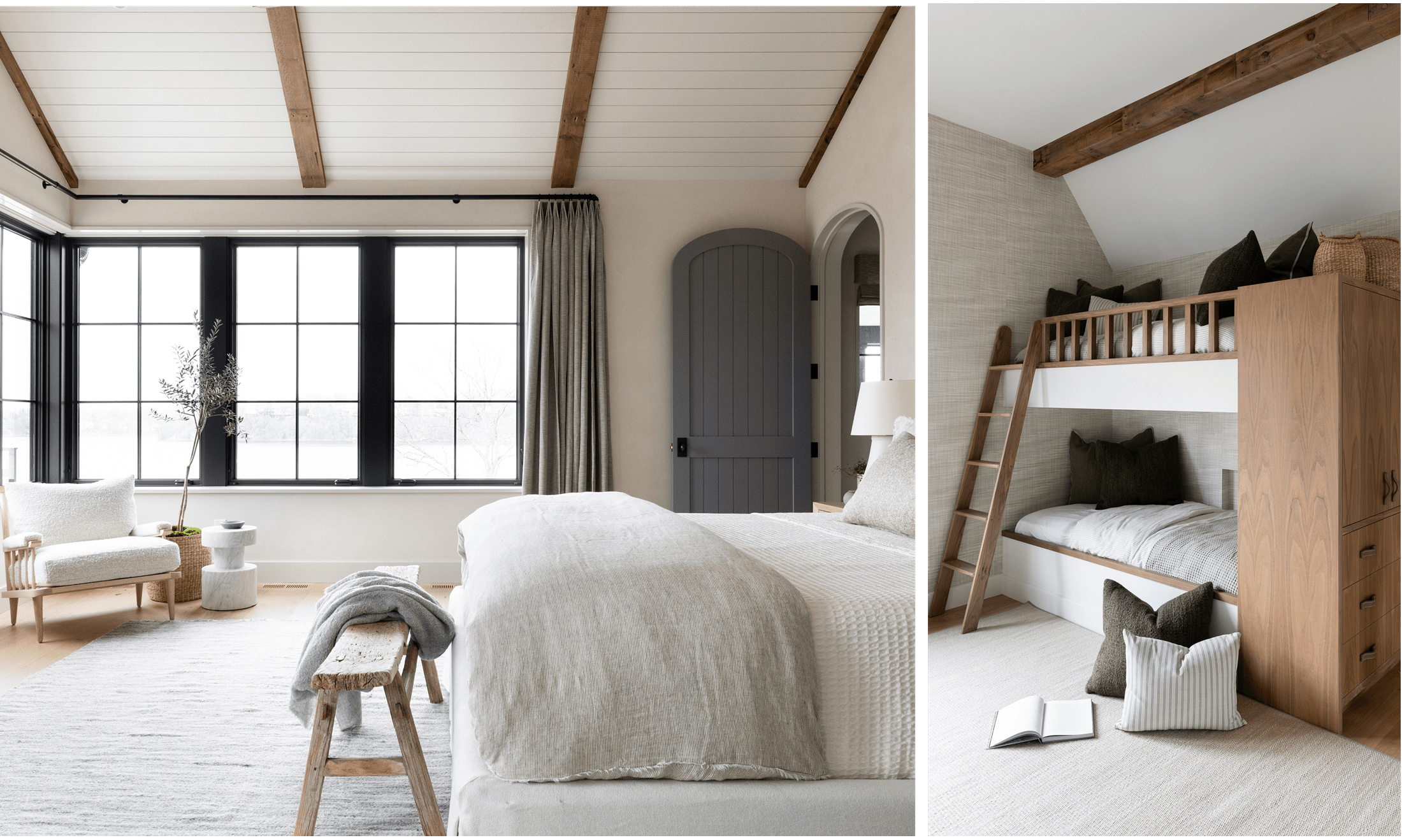 Left: a bedroom with a large bed, a white chair in the corner, and a bench at the foot of the bed. Right: a bunk bed with green and white pillows.