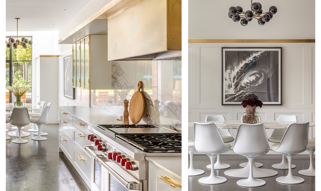 A brass box designed to go around Wolf range hood and a wall of floor-to-ceiling white cabinetry conceals all cookware and the Sub-Zero refrigerator and freezer