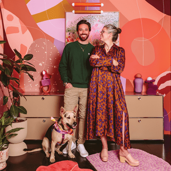 Artist Alex Proba, known for her colorful creations, pictured right, at home with her partner, Ian Coyle, pictured left.