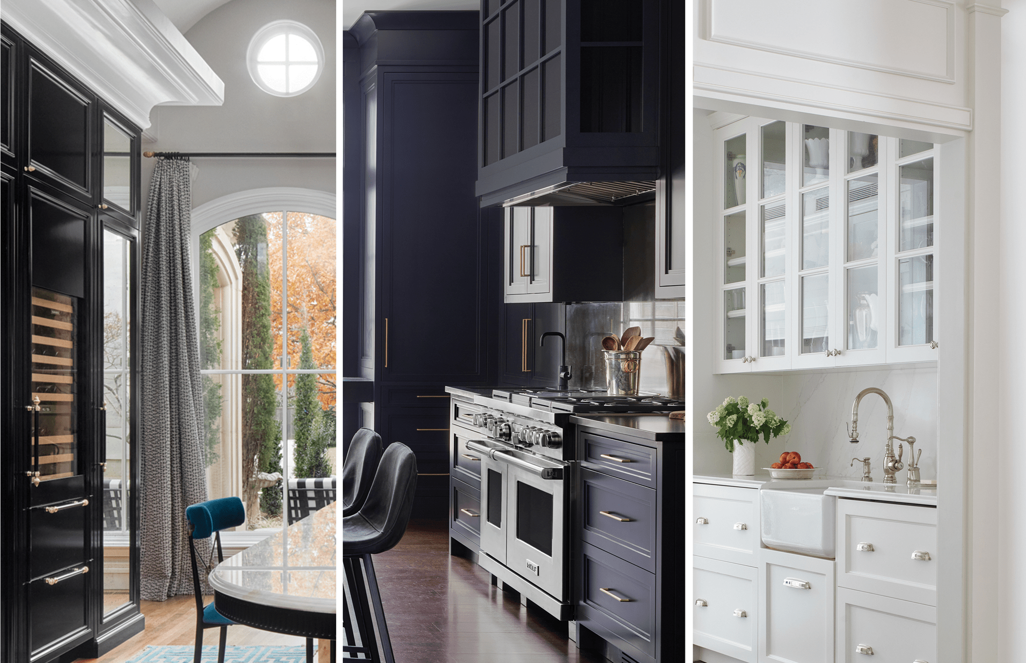 On the left, Melissa Fitzgerald's kitchen; the middle, Karen Ferguson's kitchen; the right, Elizabeth Steimberg's kitchen.