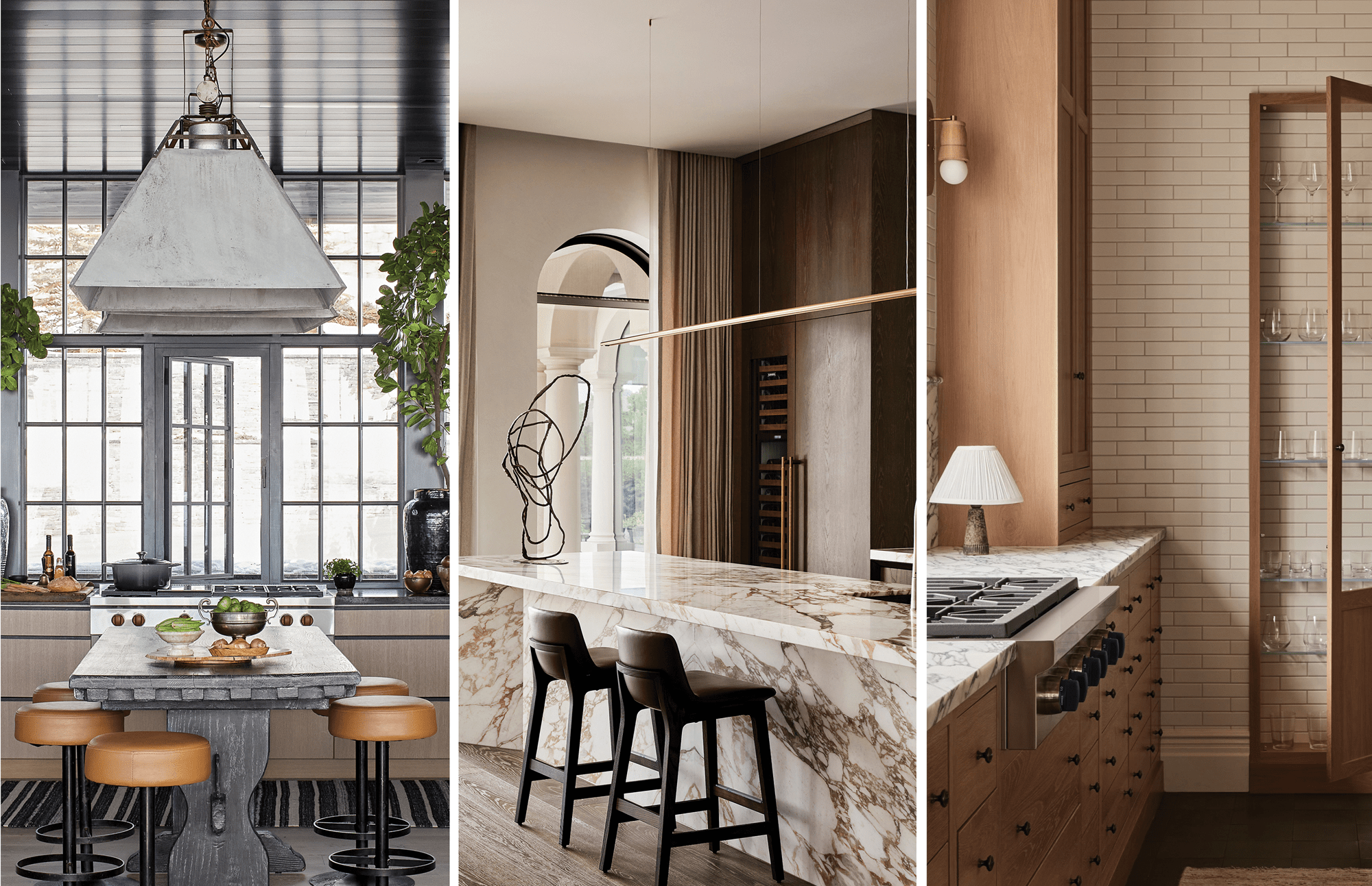 On the left, Brandon LeRoy's kitchen; in the middle, Rob Mills' kitchen; on the right, Kerrie Hubener's kitchen.