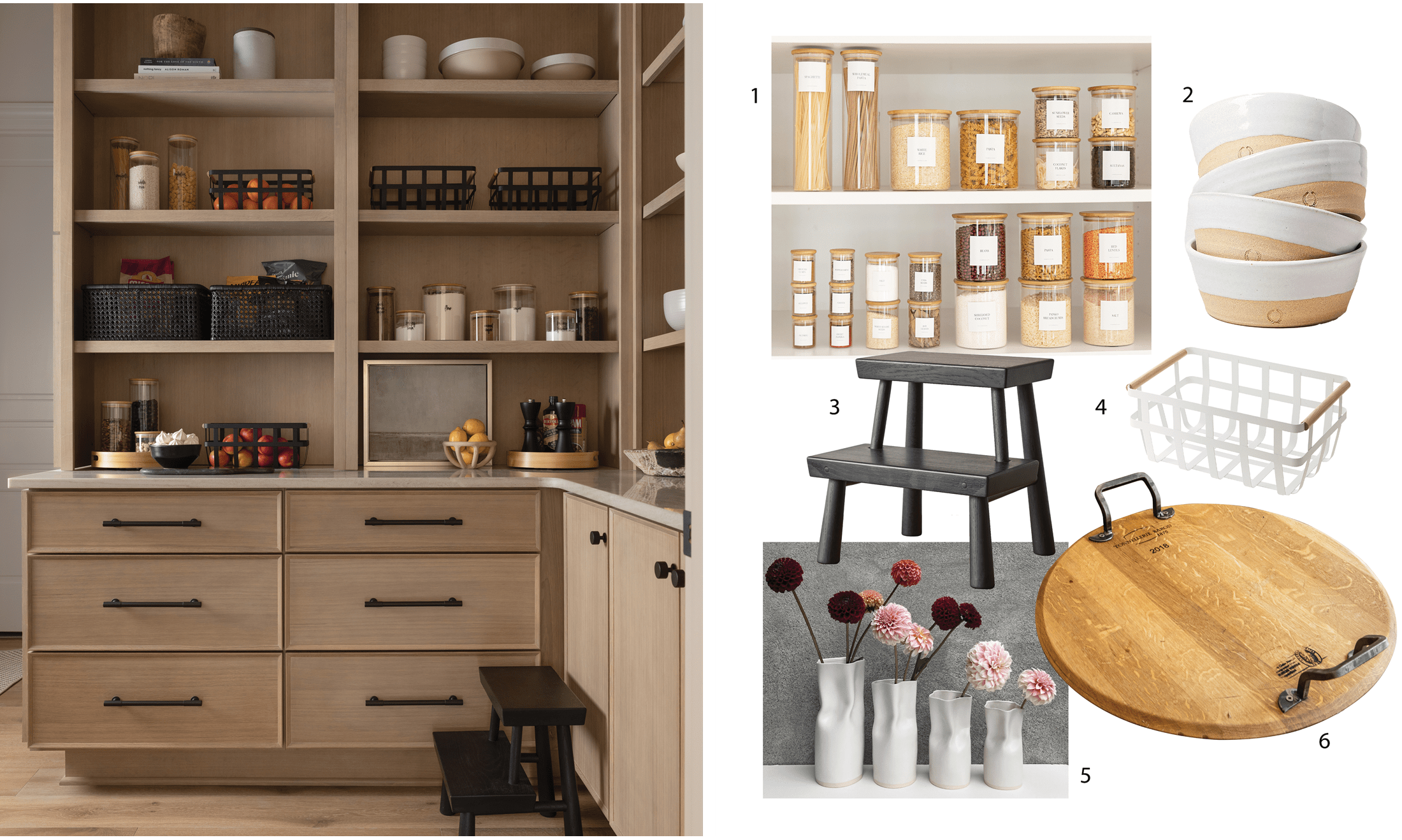 On the left, a shelf and countertop space of a kitchen. On the right, individual countertop items with descriptions.