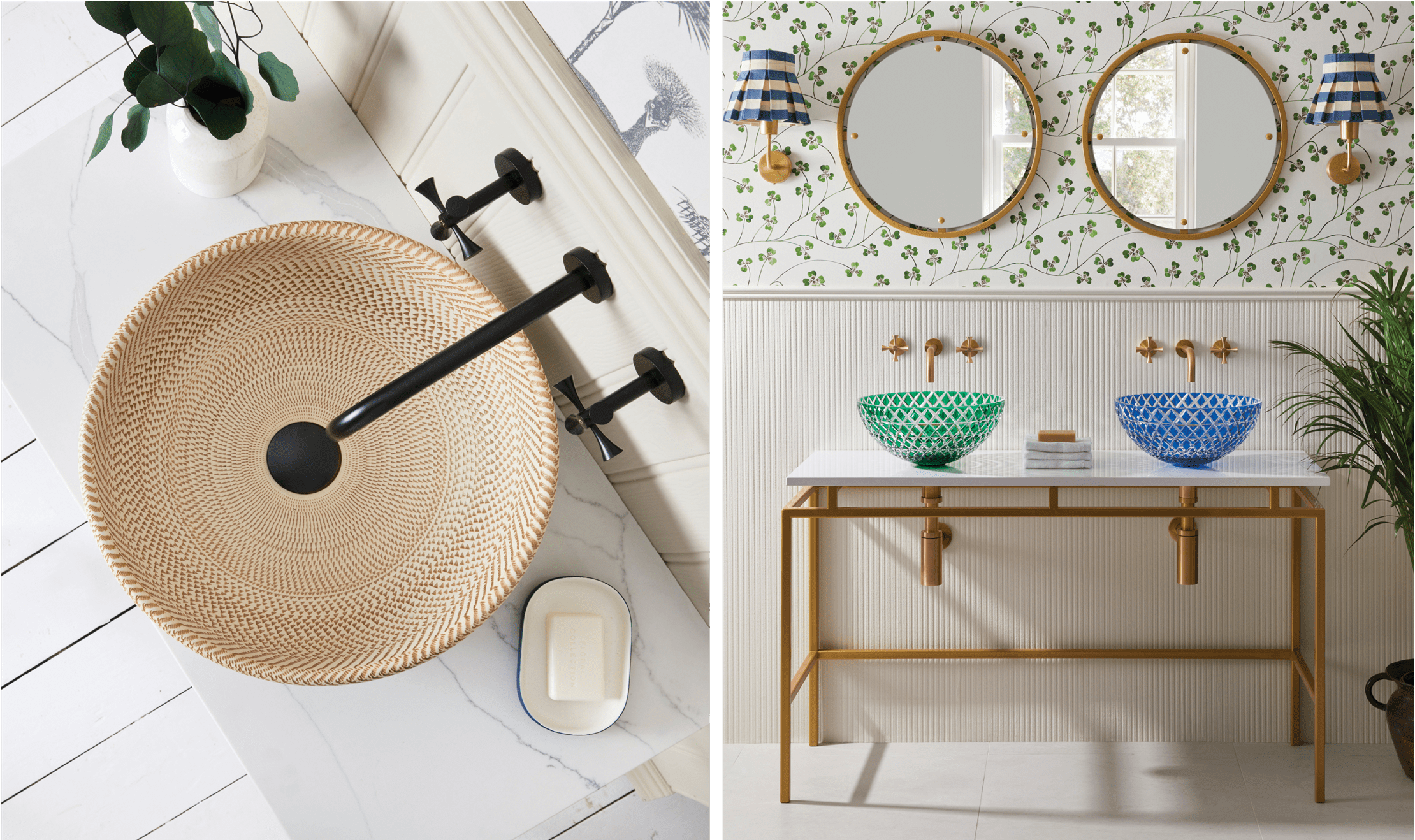 A porcelain sink created by seasoned craftsmen lives in the center of this restroom. Sadie Sink and Lucia Sink in green and blue.