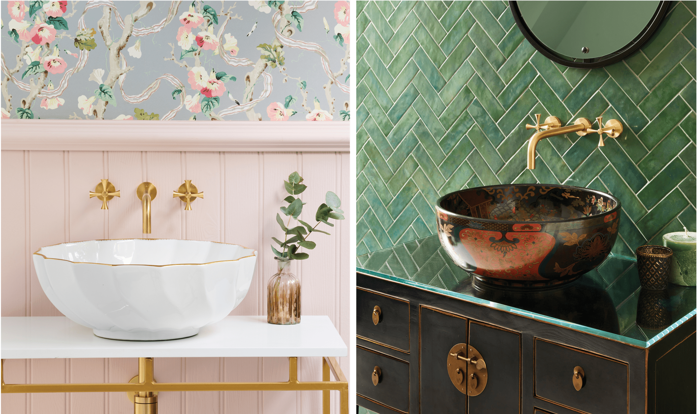 A functional, beautiful, white basin supports this charming pink space. A stylish brown and   red porcelain basin is contrasted by the green-textured wall behind it.