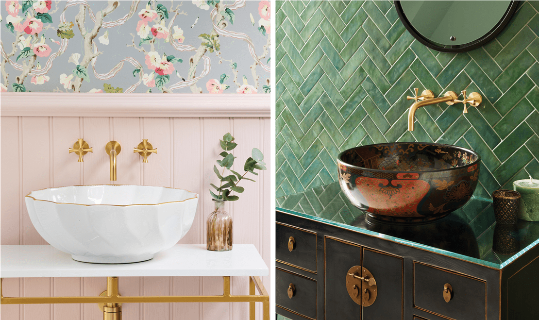 A functional, beautiful, white basin supports this charming pink space. A stylish brown and   red porcelain basin is contrasted by the green-textured wall behind it.