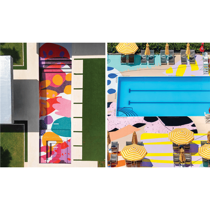 Two of Alex's creations: on the right, a creatively colored outdoor pool, and on the left is a colorful staircase.