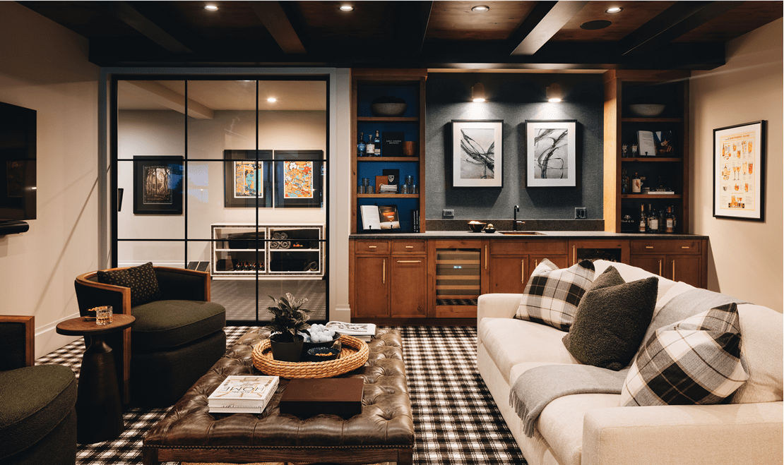 Inspired by a Scottish pub, the basement features a Sub-Zero Undercounter Refrigerator and Wine Storage unit.