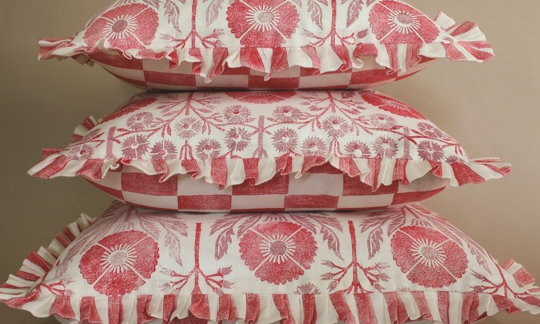 Hand-printed cushions in poppy linen