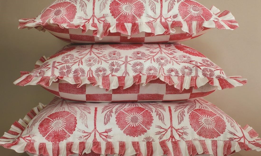 Hand-printed cushions in poppy linen