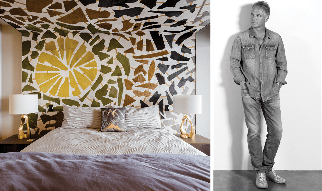 On the left, a wide shot of a bedroom designed by Anna Shay. On the right, Kyle Bunting posed in black and white.