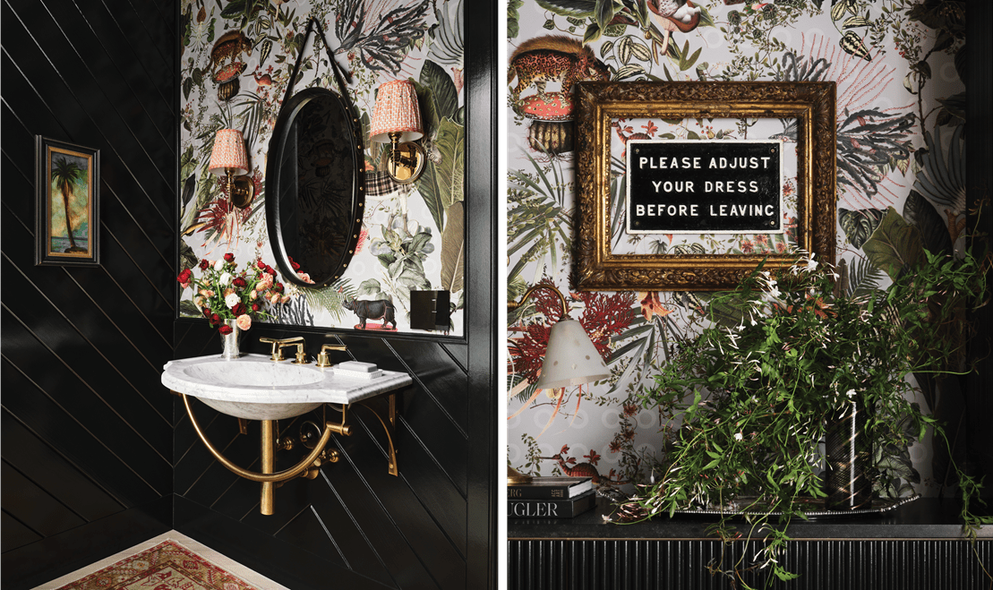A split-view image featuring the bathroom sink and mirror and an image reading "Please adjust your dress before leaving".
