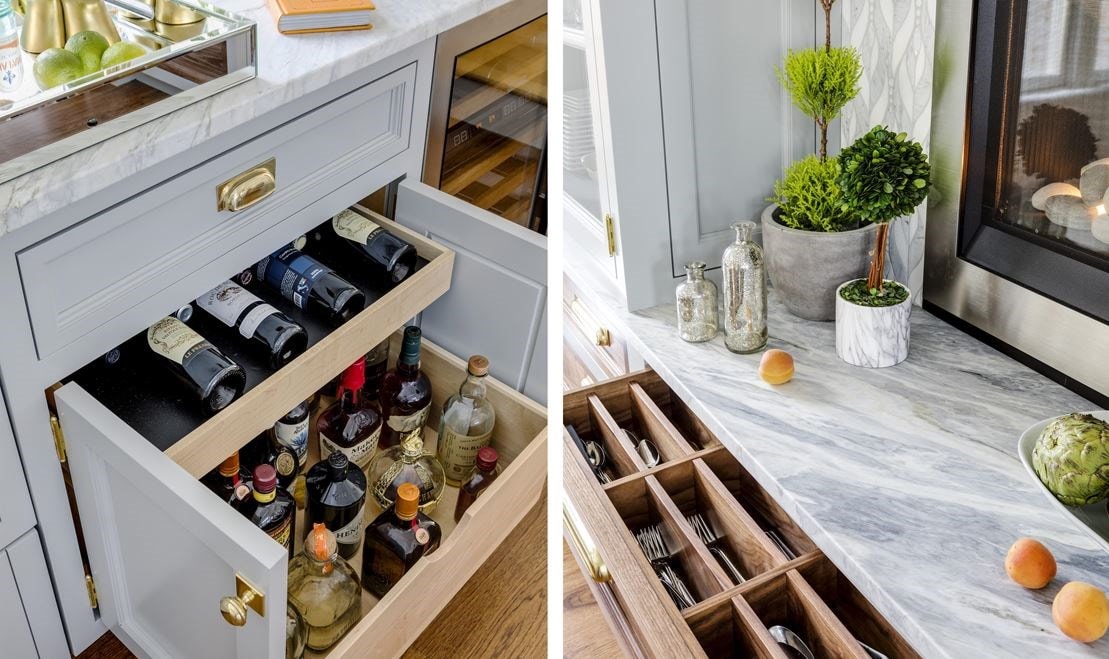 Stainless steel Wolf cooking appliances shown integreated in marble countertop and tile backsplash