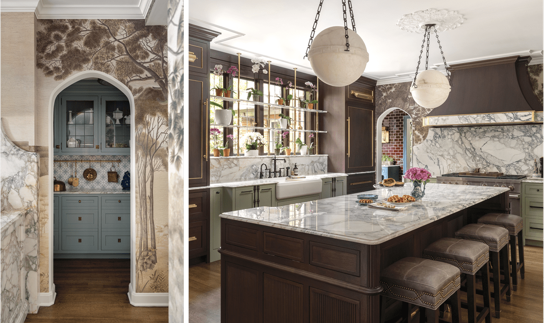 The antique buffet inspired the kitchen which features a Sub-Zero Designer refrigerator and a Wolf Dual Fuel range.