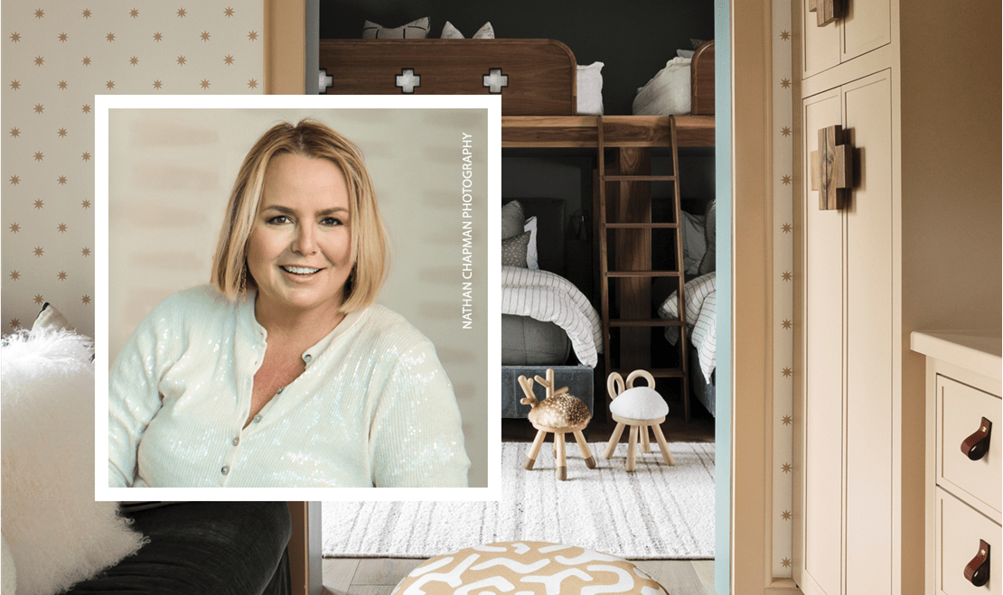 Interior Designer Lori Paranjape's headshot overlayed in front of a unique, wooden bunk bed design.