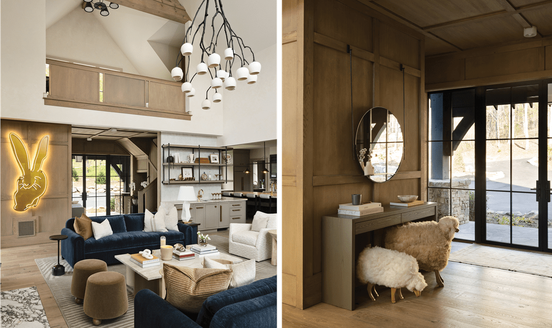 On the left, an open-space living room design. On the right, the interior front entrance of this North Carolina home.