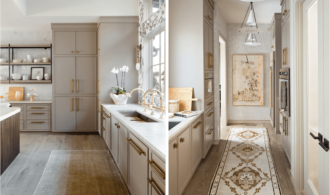 On the left, the kitchen featuring a gold sink and marble countertop. On the right, a narrow hallway with a white rug.