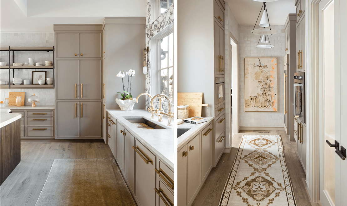 On the left, the kitchen featuring a gold sink and marble countertop. On the right, a narrow hallway with a white rug.