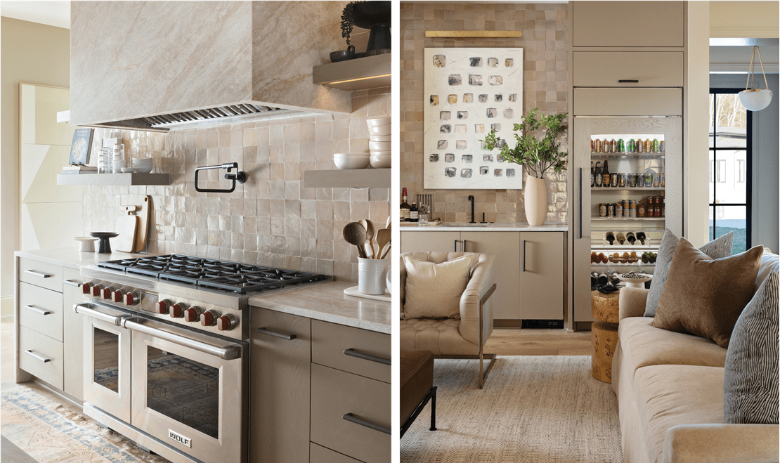 A Wolf range is centered within this kitchen in front of a beautifully textured wall. A Sub-Zero Classic refrigerator is the kitchen's main staple, contrasted by a texture wall behind it.