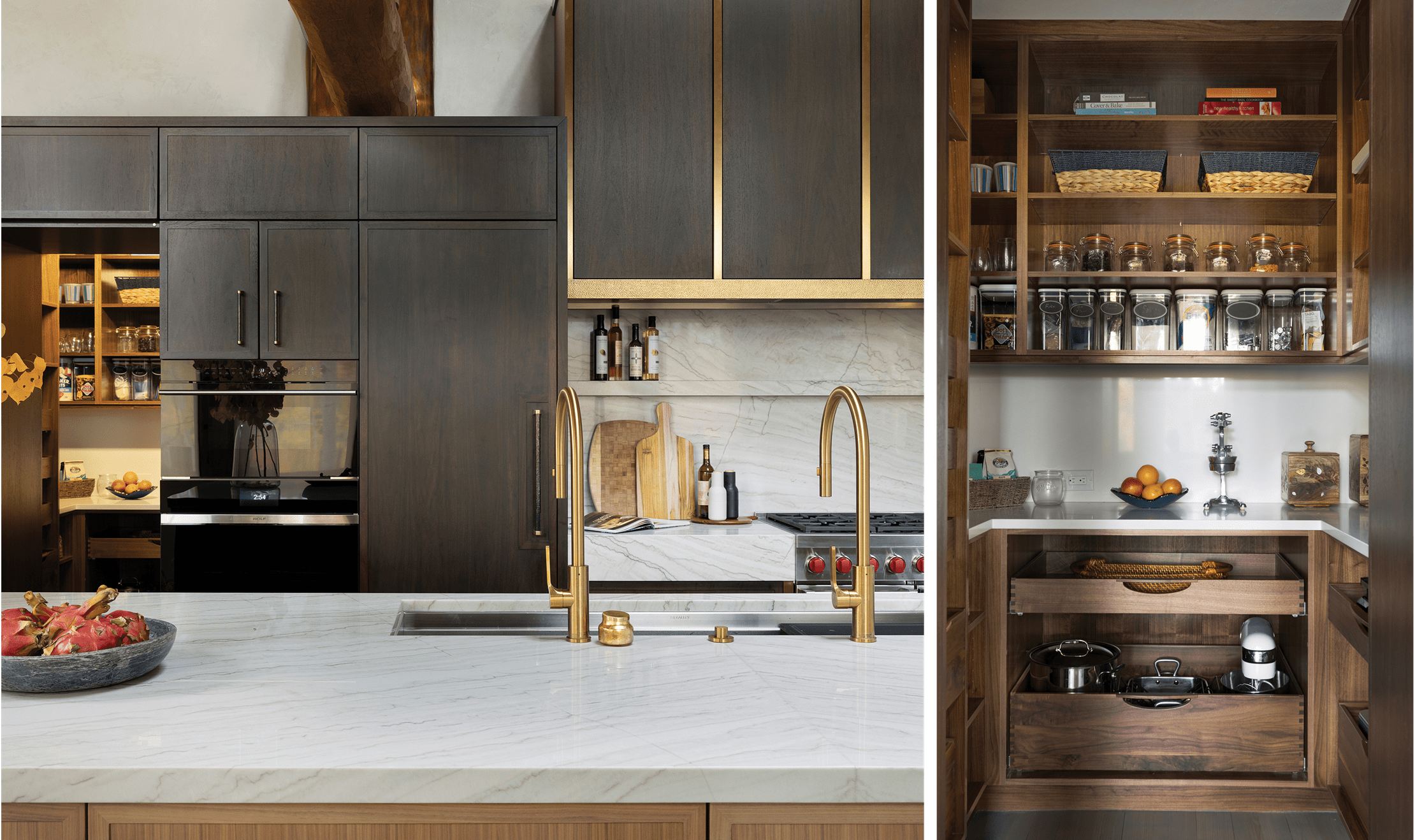 A Sub-Zero Designer column refrigerator and stacked 30-inch M Series single and speed ovens are the kitchen's focus.
