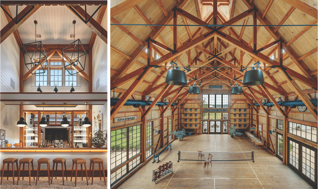 A barn on the property features a multi-use sports facility, while a bar features a creative lighting fixture.