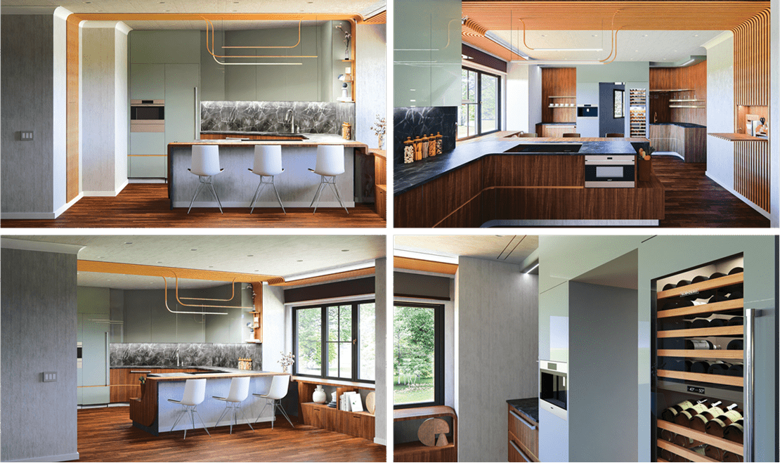 Multiple views of Drozdovitch's rendered kitchen featuring Sub-Zero, Wolf, and Cove products.
