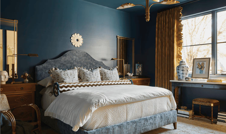 The primary bedroom design by Chris Holt of Holt Interiors complemented Barbara Westbrook's expansive family room.