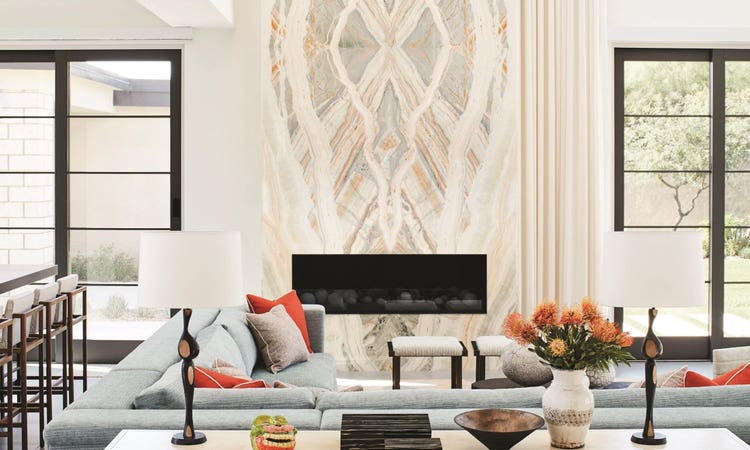 Dramatic stone for the 18-foot fireplace wall in double-height living room is Southern Cross onyx.