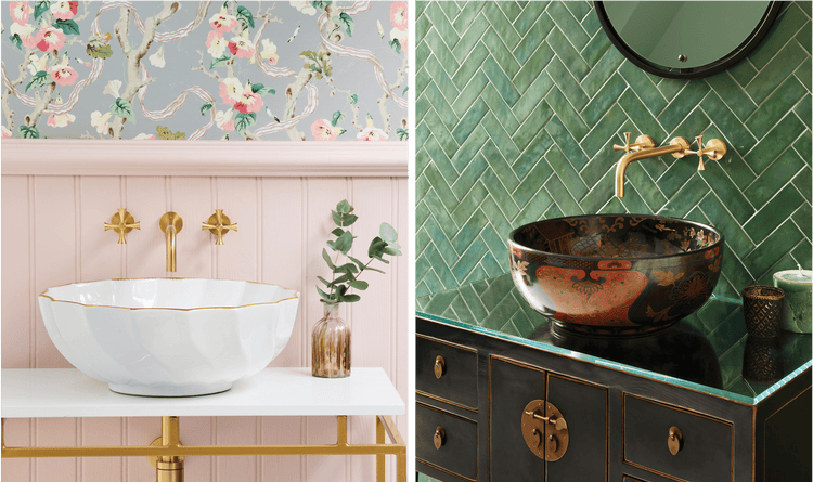 A functional, beautiful, white basin supports this charming pink space. A stylish brown and red porcelain basin is contrasted by the green-textured wall behind it.
