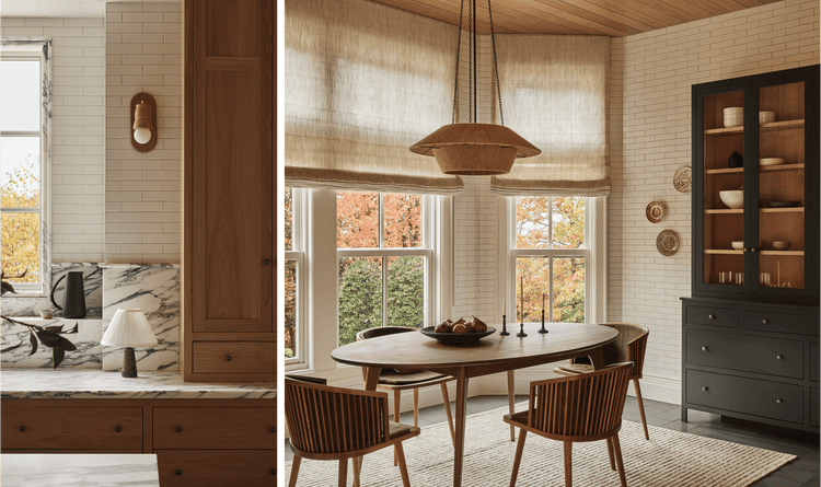 A split view of Hubener's kitchen and dining room design.