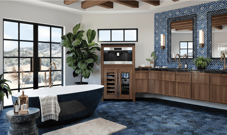 Receive hot and cold drinks in a resort-like bathroom featuring a Designer Wine and Beverage Center and Wolf Coffee Maker.