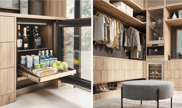 This walk-in, illuminated closet features dual Sub-Zero Beverage Centers and a Wolf Built-In Coffee System.