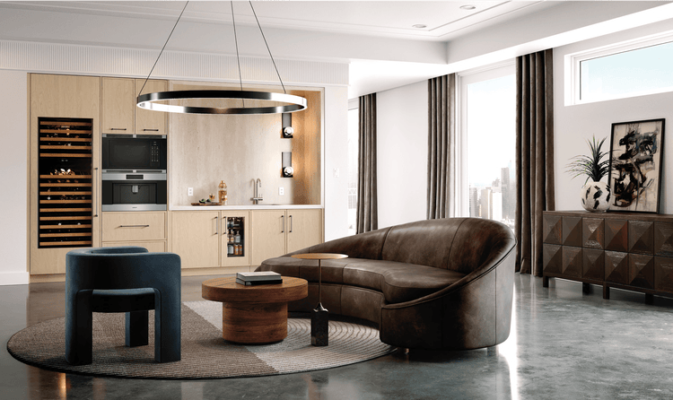 An urban living room features a Wolf Coffee System, dual Sub-Zero Undercounter Refrigerators, and a Wine Storage Unit.