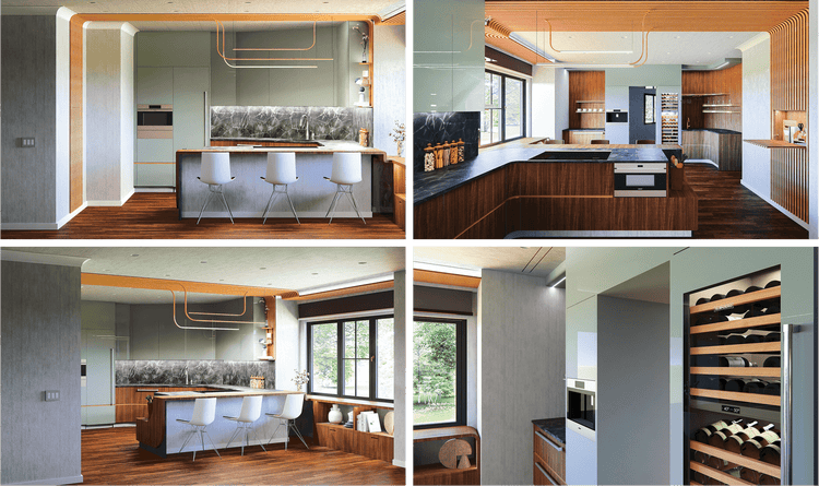 Multiple views of Drozdovitch's rendered kitchen featuring Sub-Zero, Wolf, and Cove products.