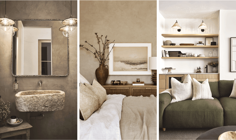 The bathroom features a rustic, unique sink, emphasizing the earthy tone of the Tulum house. In one of the five bedrooms, this room maintains Tulum's rugged aesthetic while supporting the character of the home. The living space features a dark green couch with additional shelfing space behind it.