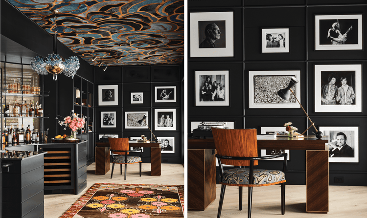 The ceiling is a multicolored pattern while the bar features a Sub-Zero Wine Storage, Ice Machine, and Refrigeration unit.