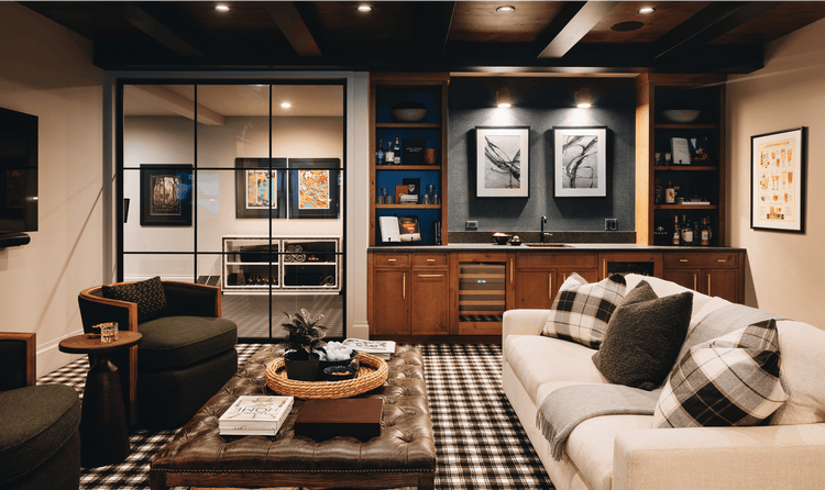 Inspired by a Scottish pub, the basement features a Sub-Zero Undercounter Refrigerator and Wine Storage unit.